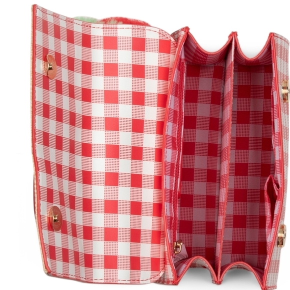 ❤️🔹️Betsey Johnson🔹️ Red & Beige Strawberry Embellished Top-Handle Satchel - Picture 3 of 4